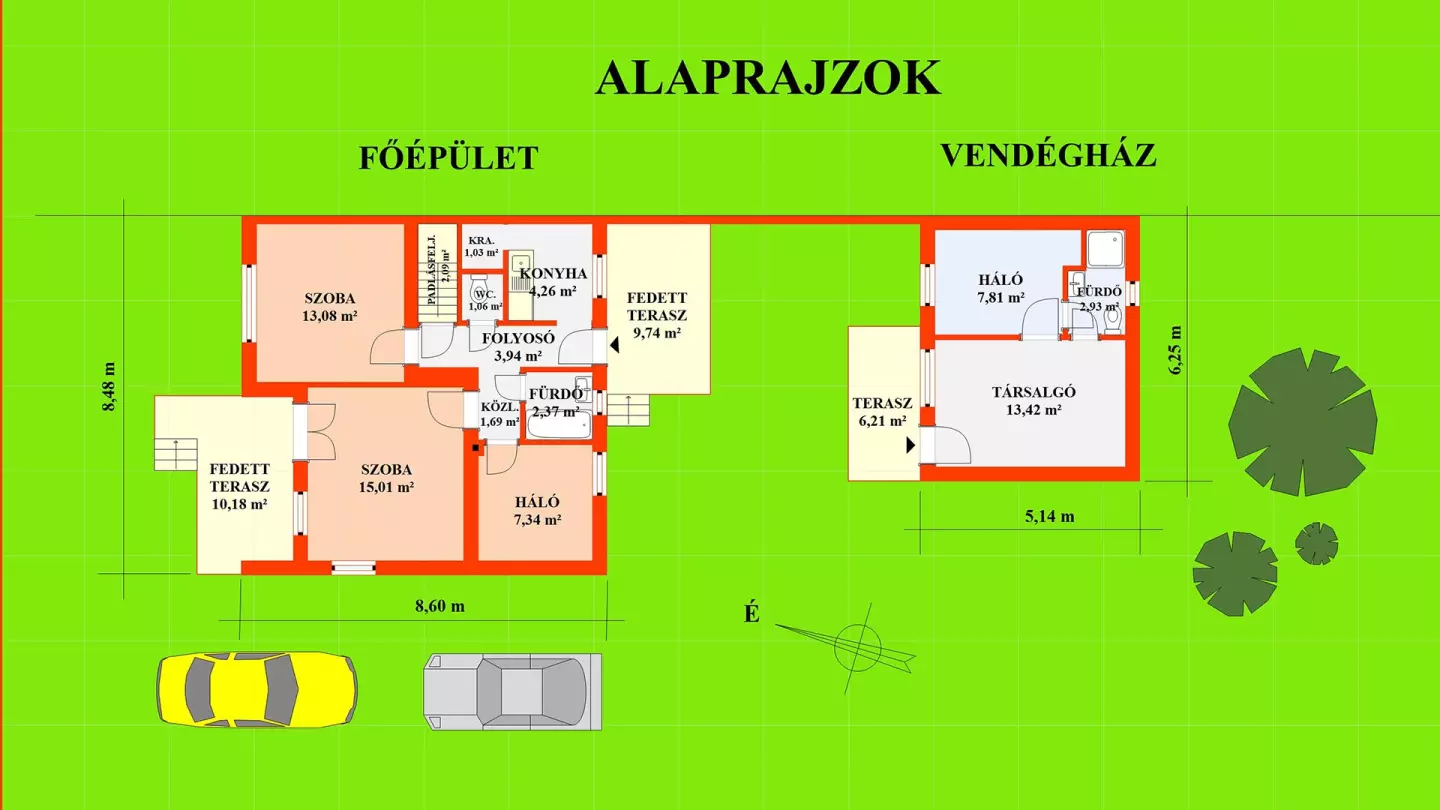 A képen, a kb. 51,87 m2-es főépület és a kb. 24,16 m2-es vendégház alaprajzi beosztása látszik