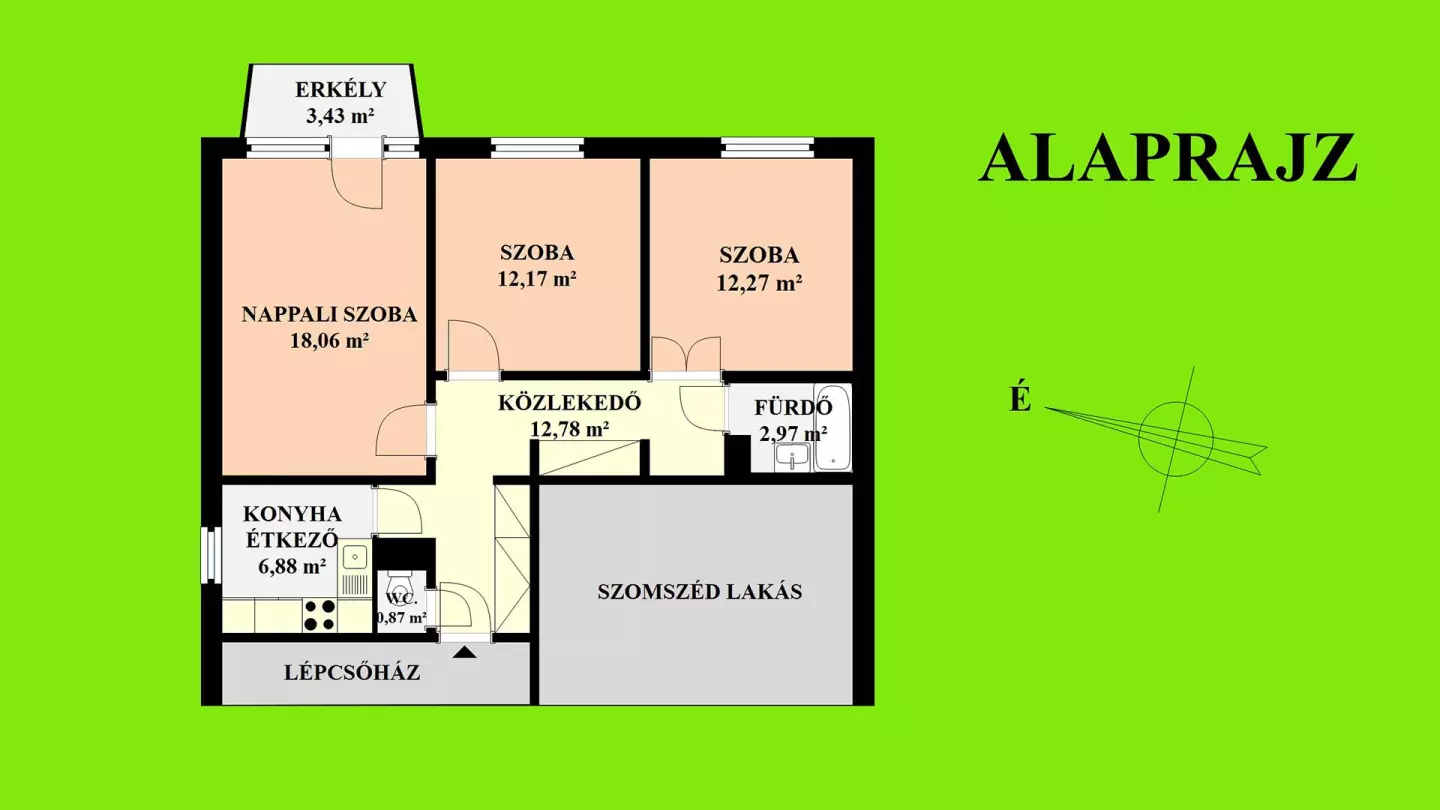 A képen, a kb. 67,71 m2 alapterületű lakás alaprajzi elrendezése látható