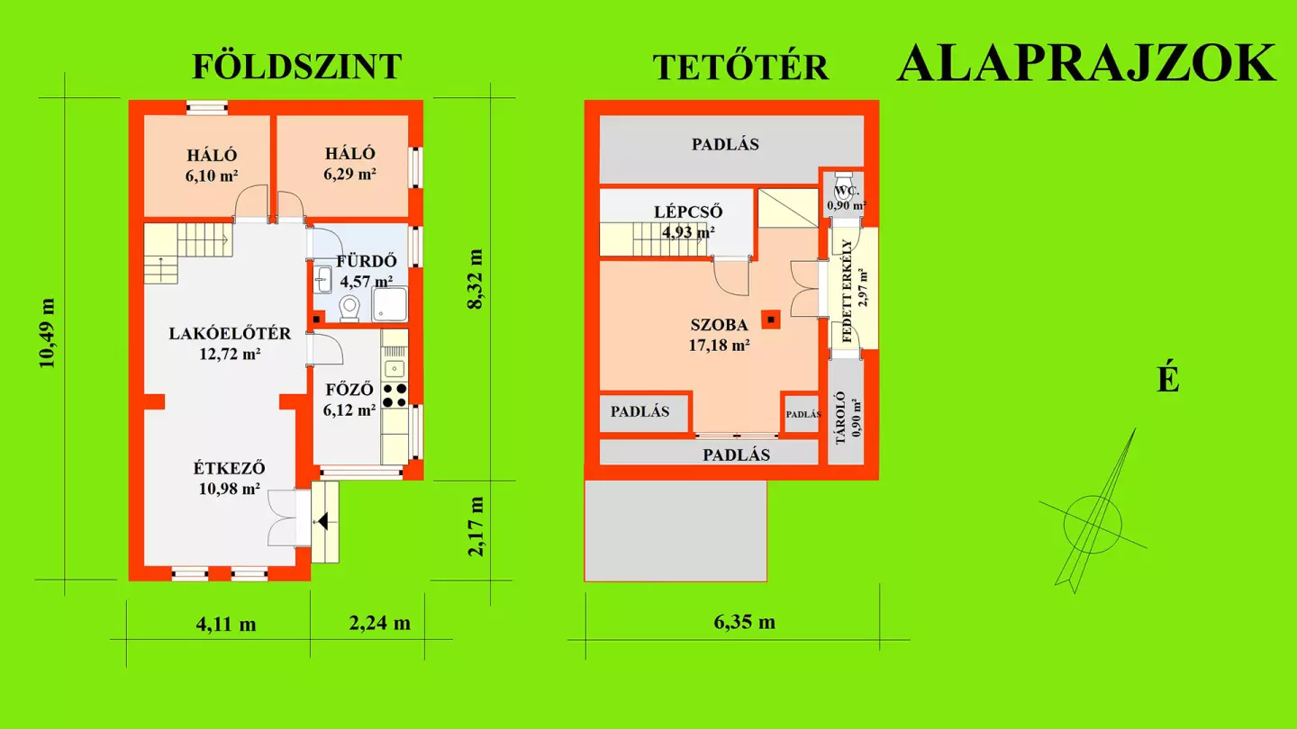 A lakóház kb. 46,78 m2-es földszintjén étkező, lakóelőtér, főzőfülke, fürdőszoba (zuhanyozó,- mosdó,- WC) és kettő hálófülke található. A kb. 26,88 m2-es tetőtérben lépcsőház, szoba, WC, tároló és fedett erkély került kialakításra.