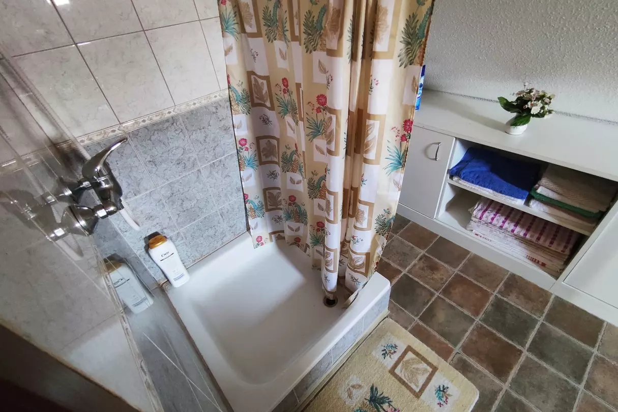 A kép, a tetőtéri fürdőszobát (zuhanyozó,- mosdó,- WC) ábrázolja
