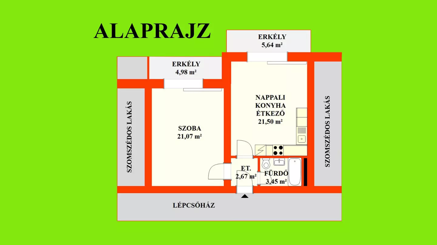 A lakás helyiségei: előtér, nappali,- konyha,- étkező, szoba, fürdőszoba (kád,- mosdó,- WC.). Az előbbi alapterületen felül tartozik a lakáshoz a kb. 4,98 m2-es és a kb. 5,64 m2-es erkély.