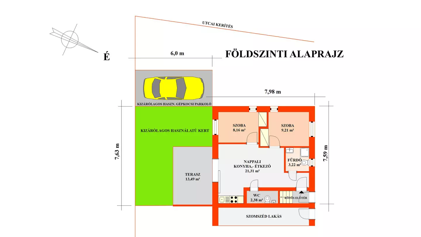 A képen, a földszinti lakás mérethelyes alaprajzi elrendezése látható