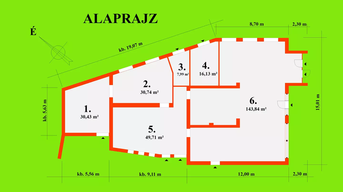 Az épület bruttó alapterülete falakkal együtt 335 m2, nettó hasznos alapterülete 278,84 m2