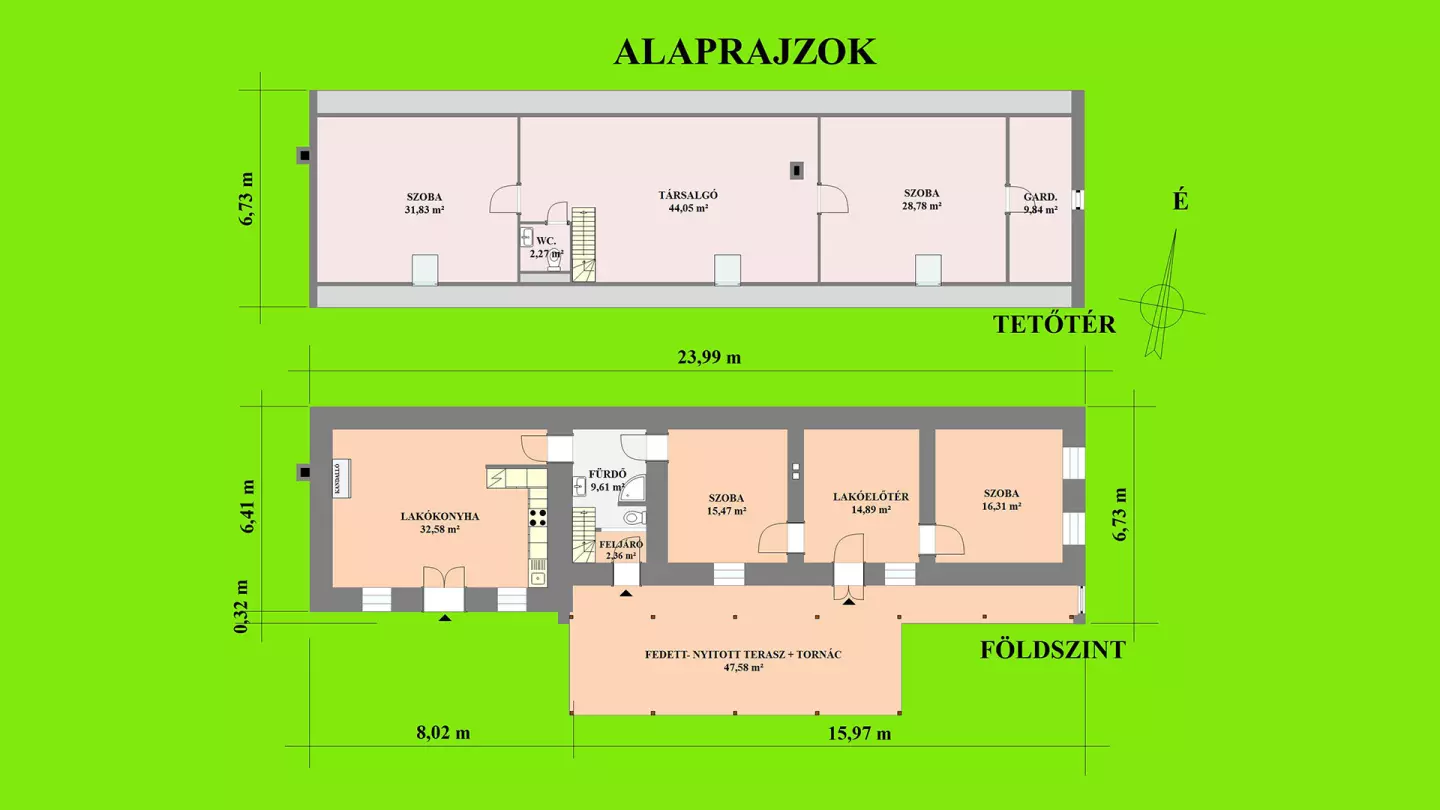 A képen, a parasztház alaprajzi elrendezése látható. A földszint kb. 91,22 m2 + 47,58 m2 terasz, a tetőtér kb. 116,77 m2 alapterületű.