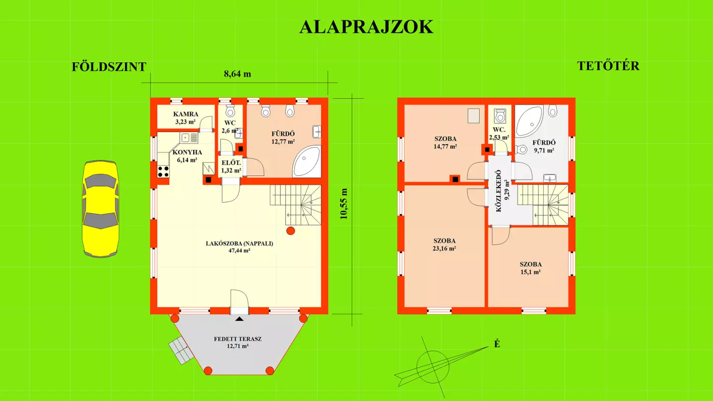  A földszint kb. 73,50 m2 alapterületű, tetőtér kb.74,56 m2. A két szint összesen: 148,06 m2 + fedett terasz kb. 12,71 m2.