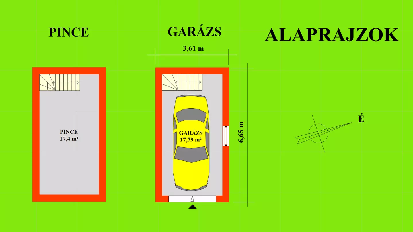 A garázs külső befoglaló mérete: 3,61 m x 6,65 m. Garázs ajtó szélessége: 2,33 méter.