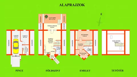 A képen az alaprajz látható. A pince kb. 38,29 m2, a földszint kb. 40,02 m2, az emelet kb. 40,37 m2, a tetőtér kb. 28,40 m2 alapterületű + fedett terasz kb. 10,98 m2.