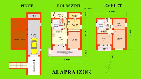 Pinceszint kb. 39,16 m2, földszint kb. 68,42 m2, emelet kb. 55,54 m2 alapterületű. Terasz kb. 21,94 m2, erkély kb. 5,73 m2.