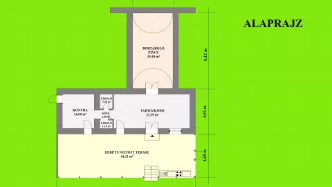 A présház kb. 51,43 m2, a fedett terasz kb. 64,11 m2, a pince kb. 35,48 m2 alapterületű. A képen, a kőépület alaprajzi elrendezése látható.