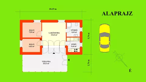 A képen a 64,84 m2-es lakóház alaprajza látható