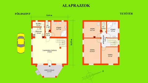 A földszint kb. 73,50 m2 alapterületű, tetőtér kb.74,56 m2. A két szint összesen: 148,06 m2 + fedett terasz kb. 12,71 m2.