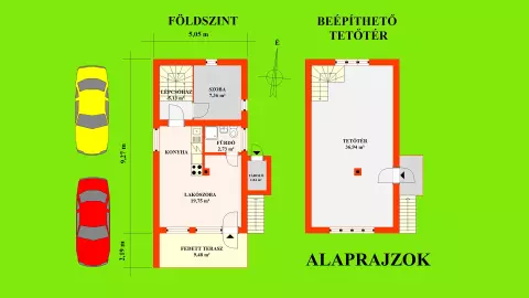 A gazdasági épület 73,75 m2 alapterületű + 9,48 m2 fedett terasz + kb. 12,49 m2 pince