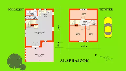 A földszint alapterülete: 43,19 m2, a tetőtér 36,49 m2 azaz: összesen 79,68 m2. Előbbi alapterülethez kapcsolódik a fedett terasz, amely 23,07 m2 alapterületű.