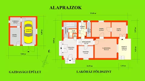 A képen, a lakóház alaprajzi elrendezése látszik.